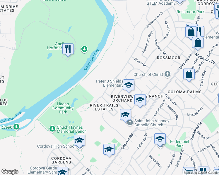 map of restaurants, bars, coffee shops, grocery stores, and more near 10398 Ambassador Drive in Rancho Cordova