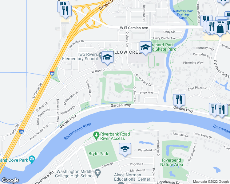 map of restaurants, bars, coffee shops, grocery stores, and more near 3156 Swallows Nest Drive in Sacramento