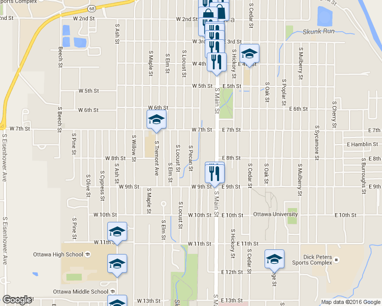 map of restaurants, bars, coffee shops, grocery stores, and more near 750 South Pecan Street in Ottawa