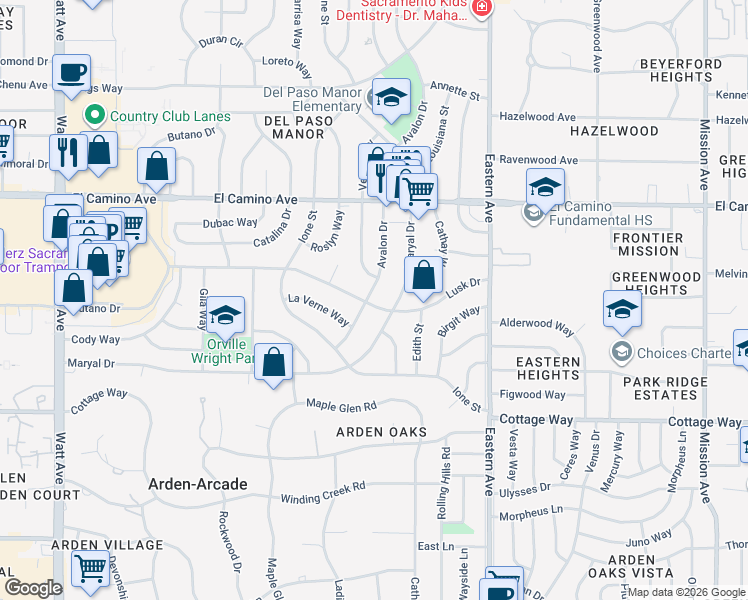 map of restaurants, bars, coffee shops, grocery stores, and more near 4101 Lusk Drive in Sacramento