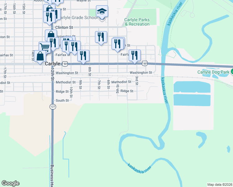 map of restaurants, bars, coffee shops, grocery stores, and more near 151 5th Street in Carlyle