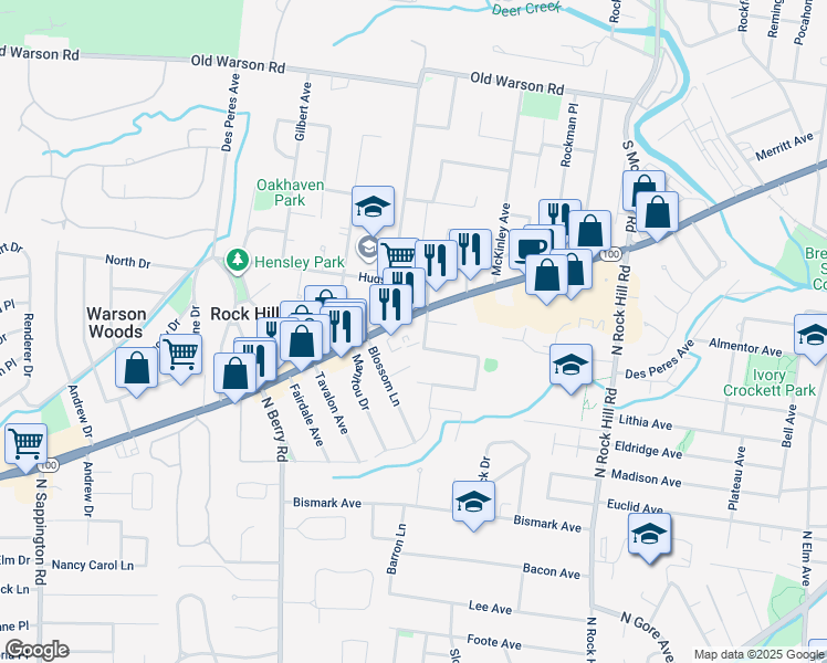 map of restaurants, bars, coffee shops, grocery stores, and more near 9748 Manchester Road in St. Louis
