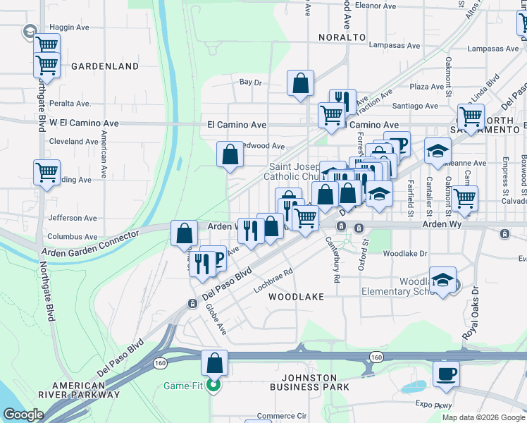 map of restaurants, bars, coffee shops, grocery stores, and more near 2230 Dale Avenue in Sacramento