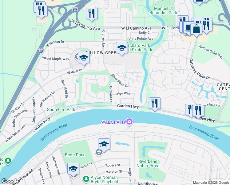 map of restaurants, bars, coffee shops, grocery stores, and more near 2937 Trigo Way in Sacramento