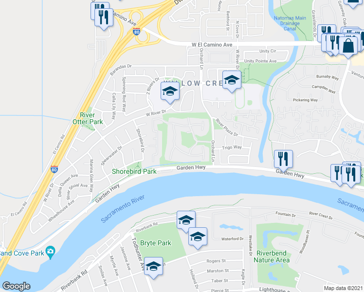 map of restaurants, bars, coffee shops, grocery stores, and more near 3160 Swallows Nest Drive in Sacramento