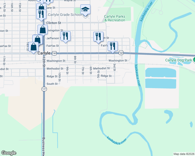 map of restaurants, bars, coffee shops, grocery stores, and more near 151 5th Street in Carlyle