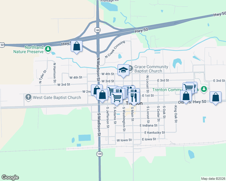 map of restaurants, bars, coffee shops, grocery stores, and more near 121 North Adams Street in Trenton
