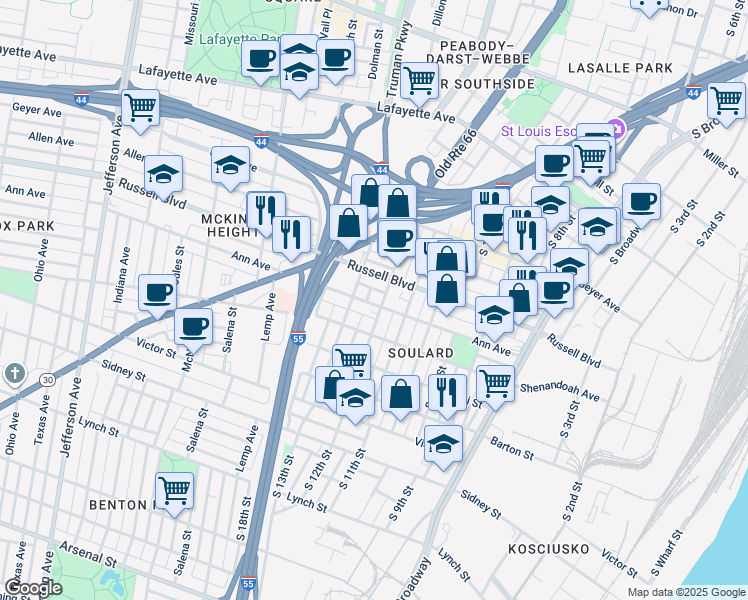 map of restaurants, bars, coffee shops, grocery stores, and more near 2127a South 12th Street in St. Louis