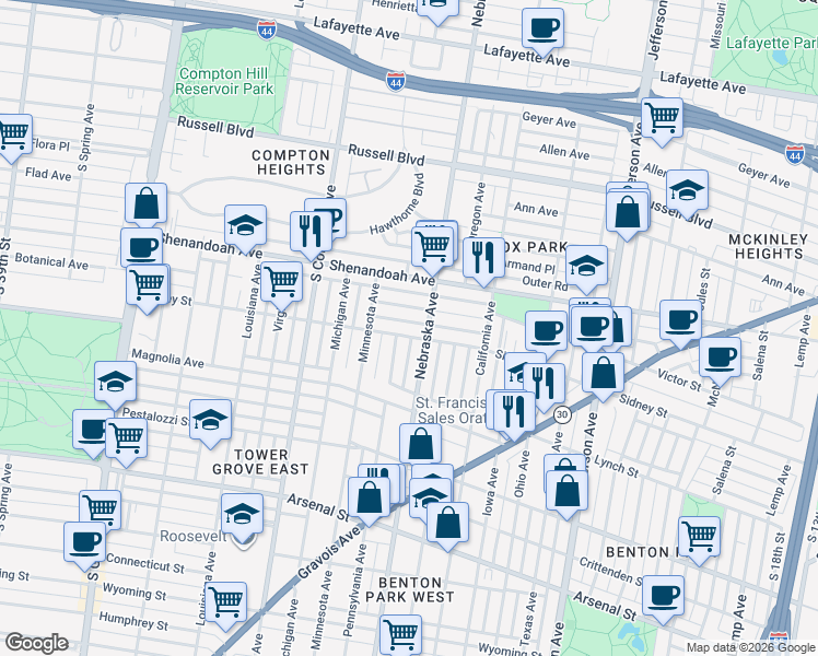 map of restaurants, bars, coffee shops, grocery stores, and more near 3003 Sidney Street in St. Louis