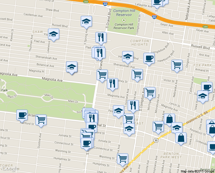 map of restaurants, bars, coffee shops, grocery stores, and more near 2630 Alhambra Court in St. Louis