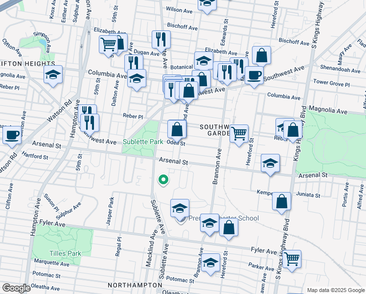 map of restaurants, bars, coffee shops, grocery stores, and more near 2908 Macklind Avenue in St. Louis