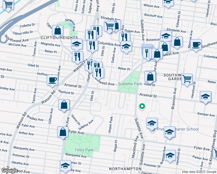 map of restaurants, bars, coffee shops, grocery stores, and more near 5718 Southwest Avenue in St. Louis