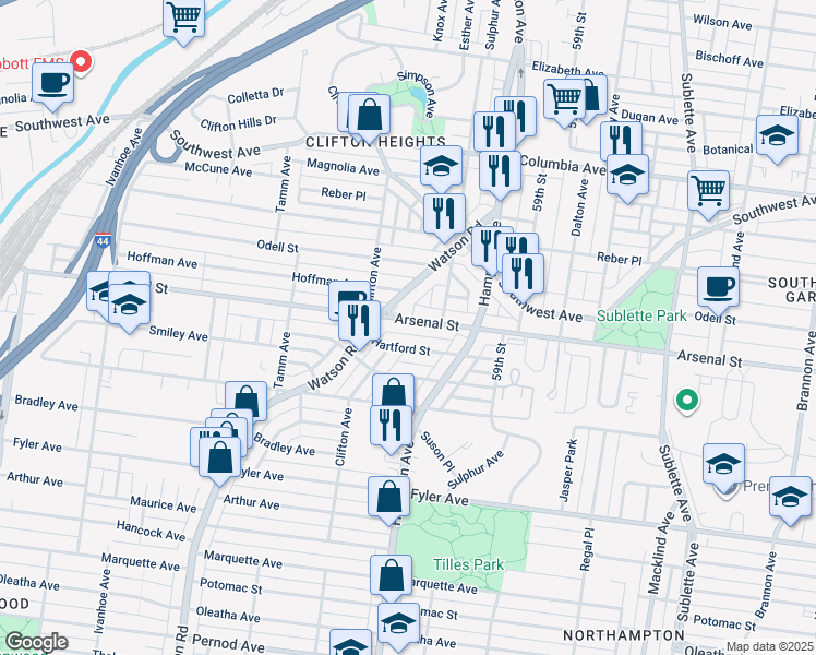 map of restaurants, bars, coffee shops, grocery stores, and more near 6052 Arsenal Street in St. Louis