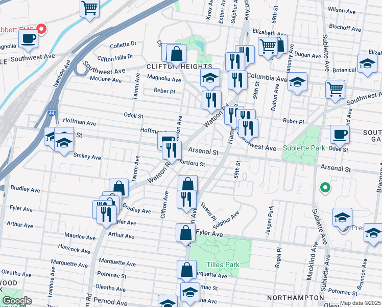 map of restaurants, bars, coffee shops, grocery stores, and more near 6098 Arsenal Street in St. Louis