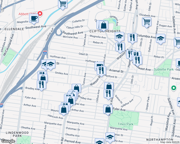 map of restaurants, bars, coffee shops, grocery stores, and more near 6315 Juniata Street in St. Louis