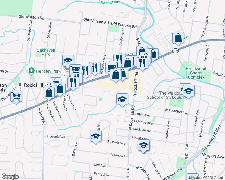 map of restaurants, bars, coffee shops, grocery stores, and more near 617 County Hills Drive in St. Louis