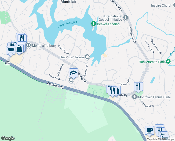 map of restaurants, bars, coffee shops, grocery stores, and more near 15913 Brawner Drive in Montclair