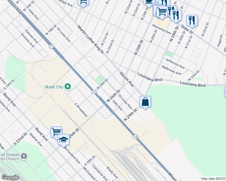 map of restaurants, bars, coffee shops, grocery stores, and more near 2434 Saint Louis Avenue in East St. Louis
