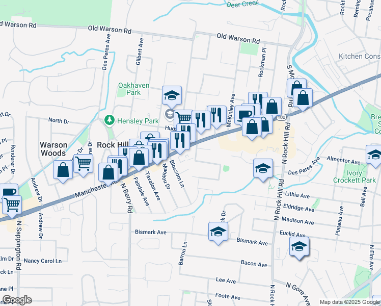 map of restaurants, bars, coffee shops, grocery stores, and more near 9748 Manchester Road in St. Louis