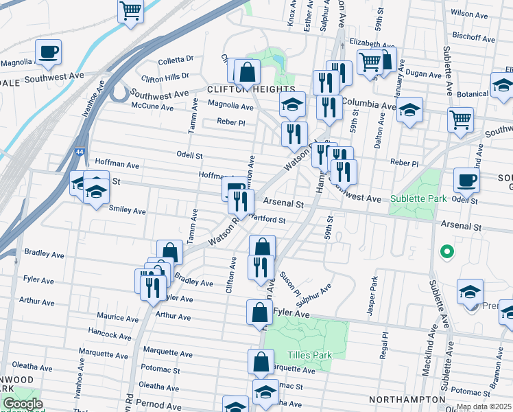 map of restaurants, bars, coffee shops, grocery stores, and more near 6098 Arsenal Street in St. Louis