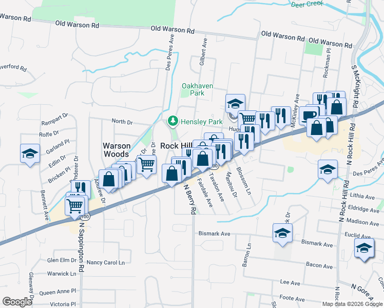 map of restaurants, bars, coffee shops, grocery stores, and more near 9808 Honeycut Lane in St. Louis