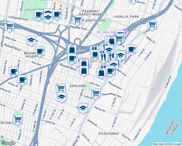 map of restaurants, bars, coffee shops, grocery stores, and more near 905 Russell Boulevard in St. Louis