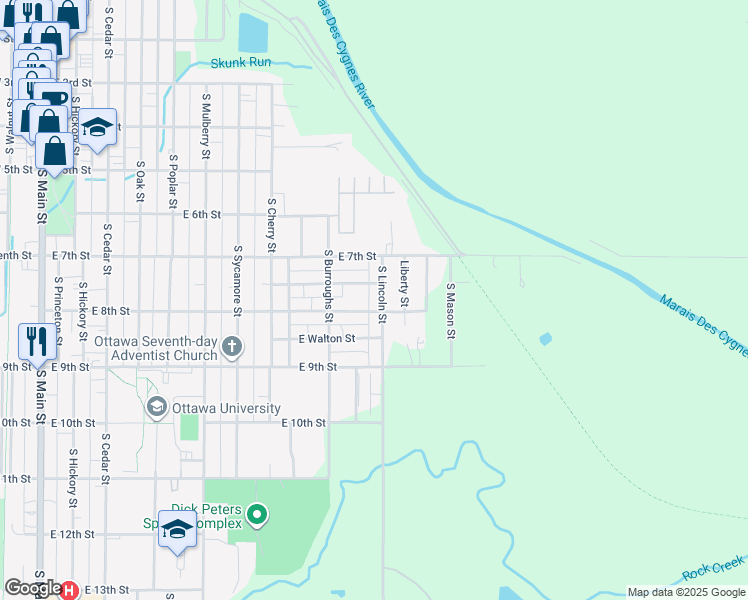 map of restaurants, bars, coffee shops, grocery stores, and more near 740 South Lincoln Street in Ottawa