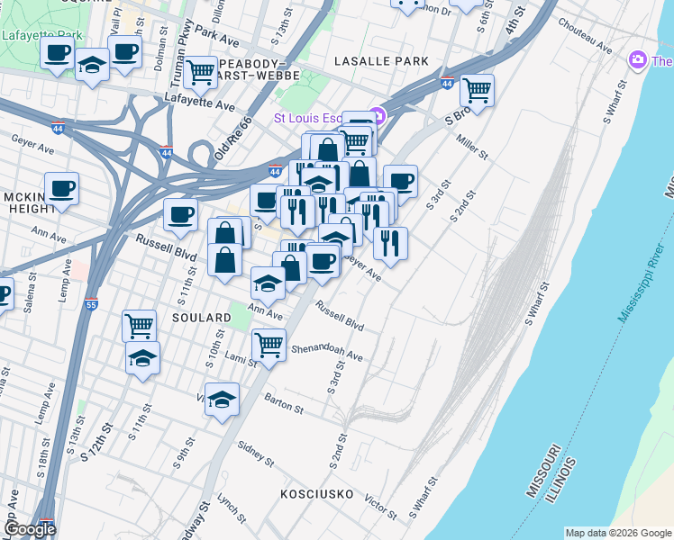 map of restaurants, bars, coffee shops, grocery stores, and more near 1920 South 7th Street in St. Louis