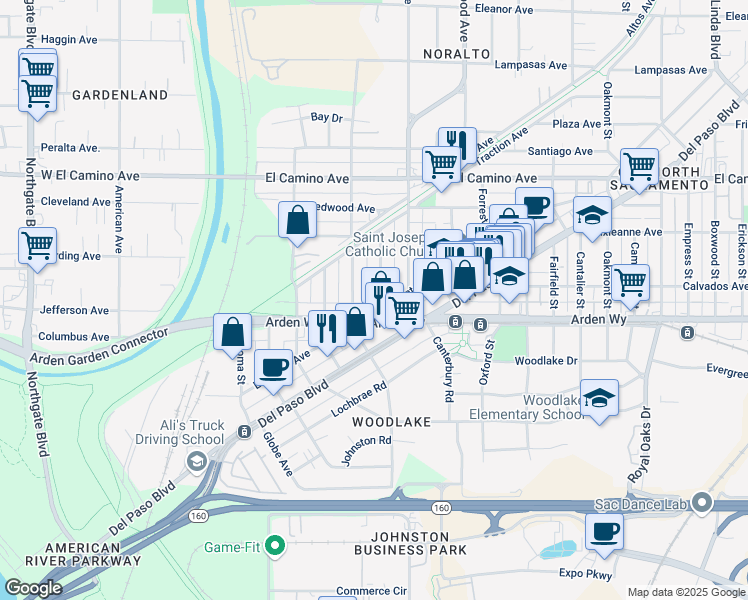 map of restaurants, bars, coffee shops, grocery stores, and more near 2207 Fernley Avenue in Sacramento