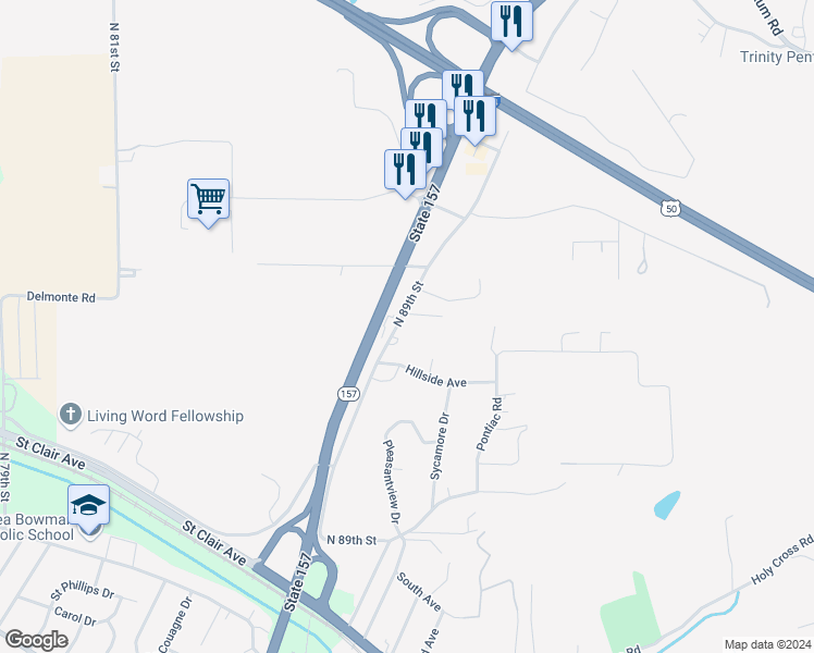 map of restaurants, bars, coffee shops, grocery stores, and more near 1818 North 89th Street in Fairview Heights