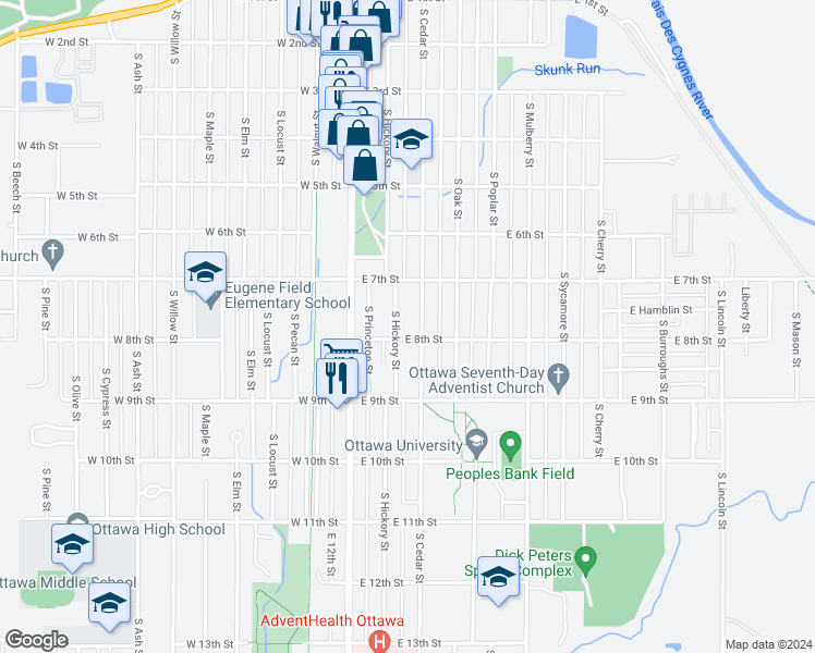 map of restaurants, bars, coffee shops, grocery stores, and more near 745 South Hickory Street in Ottawa