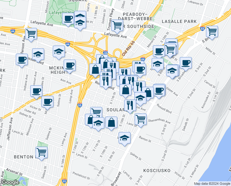 map of restaurants, bars, coffee shops, grocery stores, and more near 2108 South 11th Street in St. Louis