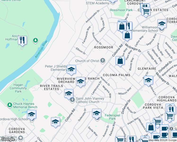 map of restaurants, bars, coffee shops, grocery stores, and more near 2251 Palmwood Court in Rancho Cordova