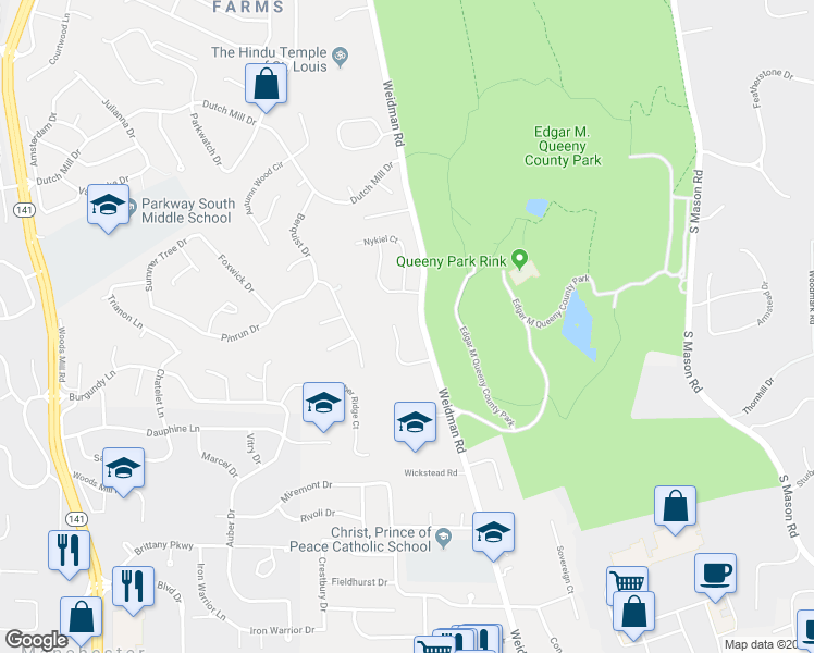 map of restaurants, bars, coffee shops, grocery stores, and more near 720 Turtle Cove in Ballwin