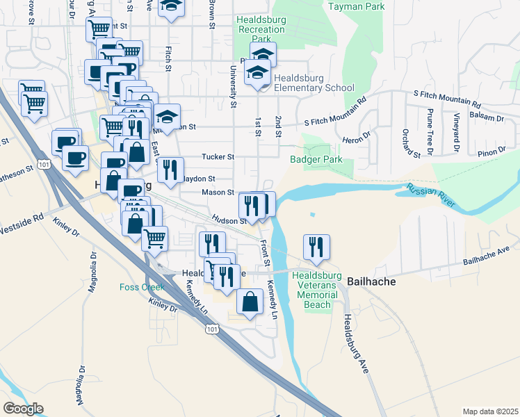 map of restaurants, bars, coffee shops, grocery stores, and more near 86 Front Street in Healdsburg