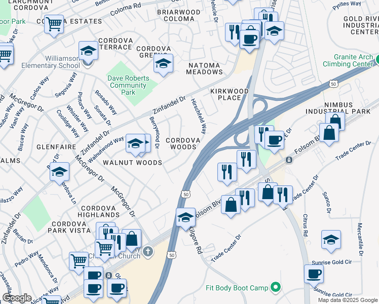 map of restaurants, bars, coffee shops, grocery stores, and more near 10989 Hirschfeld Way in Rancho Cordova