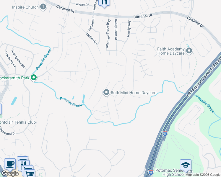 map of restaurants, bars, coffee shops, grocery stores, and more near 15830 Aerial View Road in Woodbridge