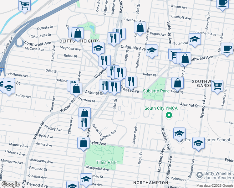 map of restaurants, bars, coffee shops, grocery stores, and more near 5909 Arsenal Street in St. Louis