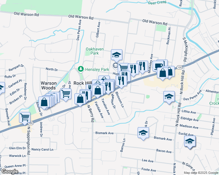 map of restaurants, bars, coffee shops, grocery stores, and more near 9815 Missouri 100 in St. Louis