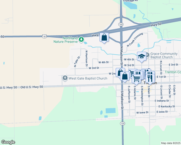 map of restaurants, bars, coffee shops, grocery stores, and more near 599 West 2nd Street in Trenton