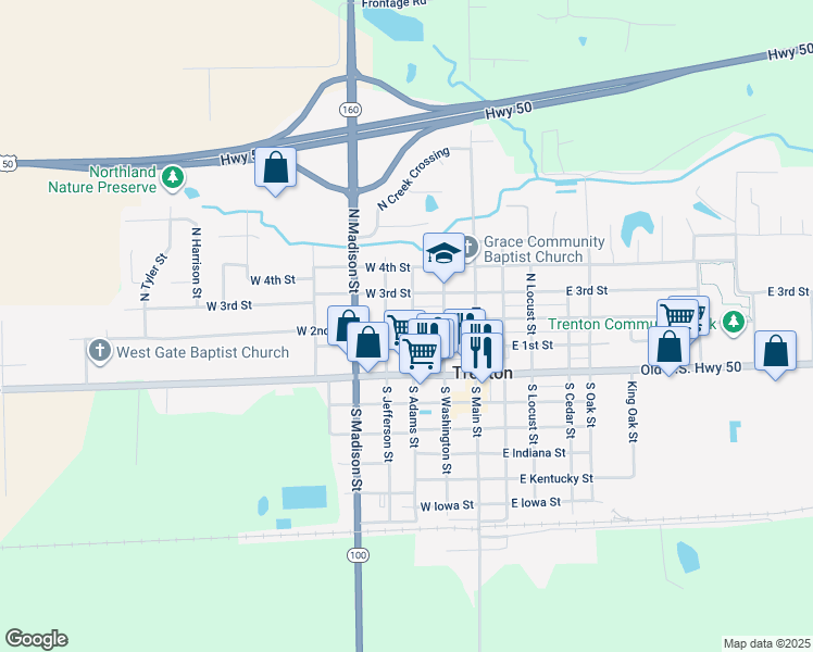 map of restaurants, bars, coffee shops, grocery stores, and more near 121 North Adams Street in Trenton