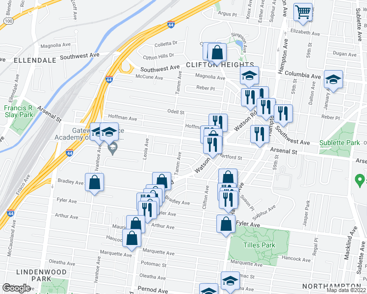 map of restaurants, bars, coffee shops, grocery stores, and more near 6315 Juniata Street in St. Louis