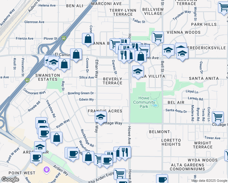 map of restaurants, bars, coffee shops, grocery stores, and more near 2045 Bowling Green Drive in Sacramento