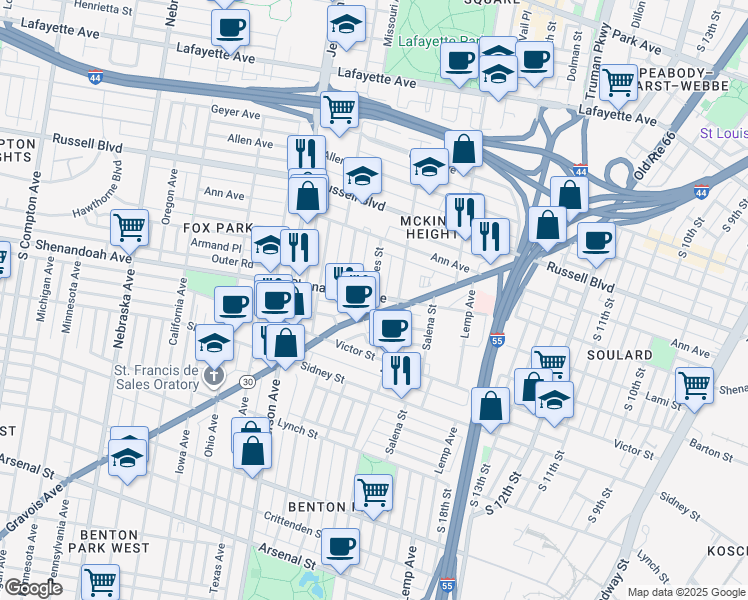 map of restaurants, bars, coffee shops, grocery stores, and more near 2125 Beauty Alley in St. Louis