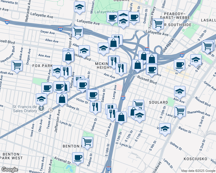 map of restaurants, bars, coffee shops, grocery stores, and more near 1938 Gravois Avenue in St. Louis