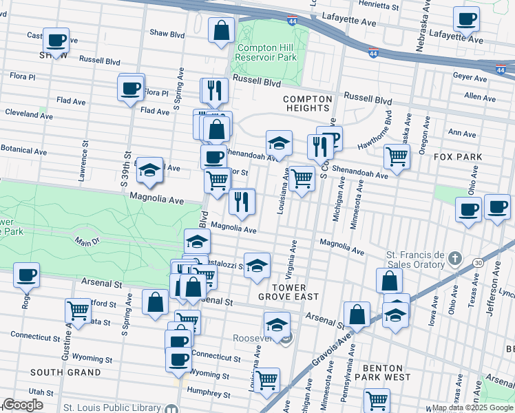 map of restaurants, bars, coffee shops, grocery stores, and more near 2617 Tennessee Avenue in St. Louis