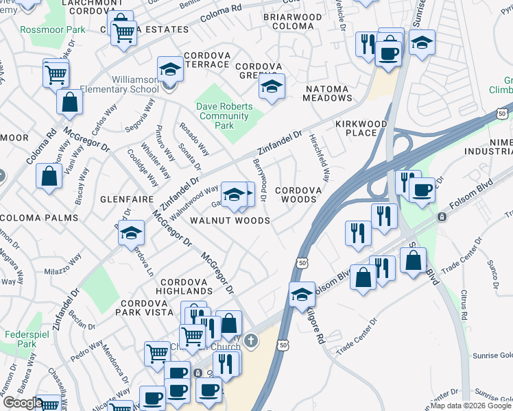map of restaurants, bars, coffee shops, grocery stores, and more near 10850 Gadsten Way in Rancho Cordova