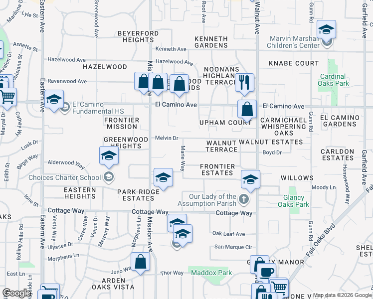 map of restaurants, bars, coffee shops, grocery stores, and more near 4813 Boyd Drive in Carmichael