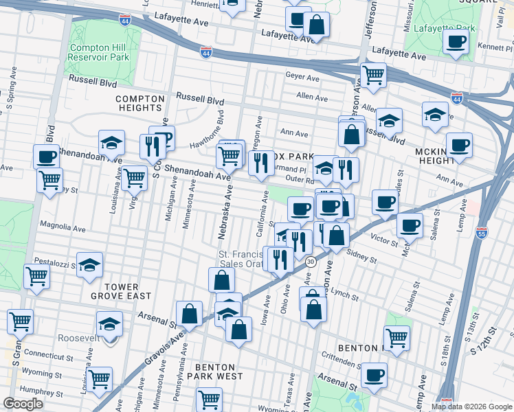 map of restaurants, bars, coffee shops, grocery stores, and more near 2814 Victor Street in St. Louis