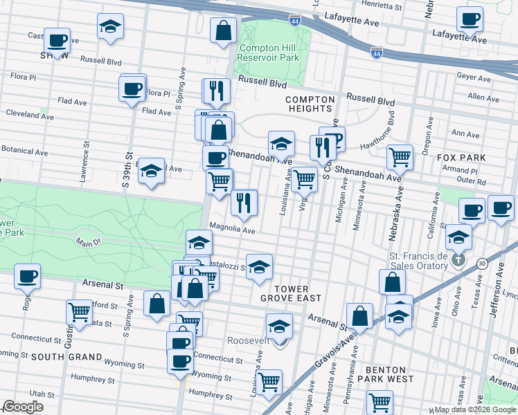 map of restaurants, bars, coffee shops, grocery stores, and more near 2617 Tennessee Avenue in St. Louis